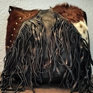 Fringed Leather and Fur Shoulder Bag in Black and Brown